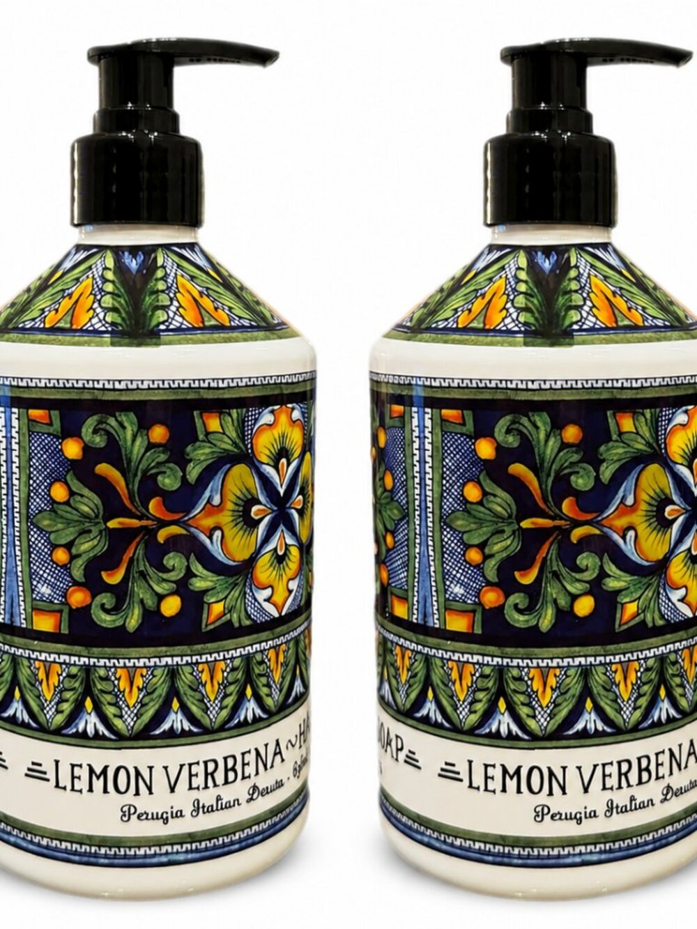 Perugia Italian Deruta Lemon Verbena Hand Soap Set of 2 Decorative Pump Bottles